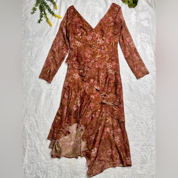 Marchesa Notte Floral Chiffon Asymmetrical Ruffle Dress in Rust Womens 8 - Picture 2 of 16